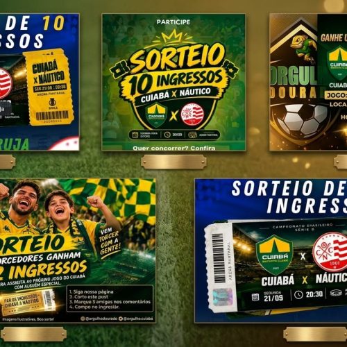 Composição horizontal com fundo de gramado e luzes douradas, exibindo cinco cartazes de sorteios de ingressos para o jogo Cuiabá x Náutico em duas fileiras, cada um com moldura e placa metálica.