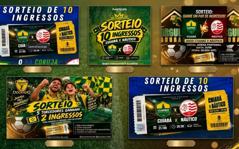 Composição horizontal com fundo de gramado e luzes douradas, exibindo cinco cartazes de sorteios de ingressos para o jogo Cuiabá x Náutico em duas fileiras, cada um com moldura e placa metálica.