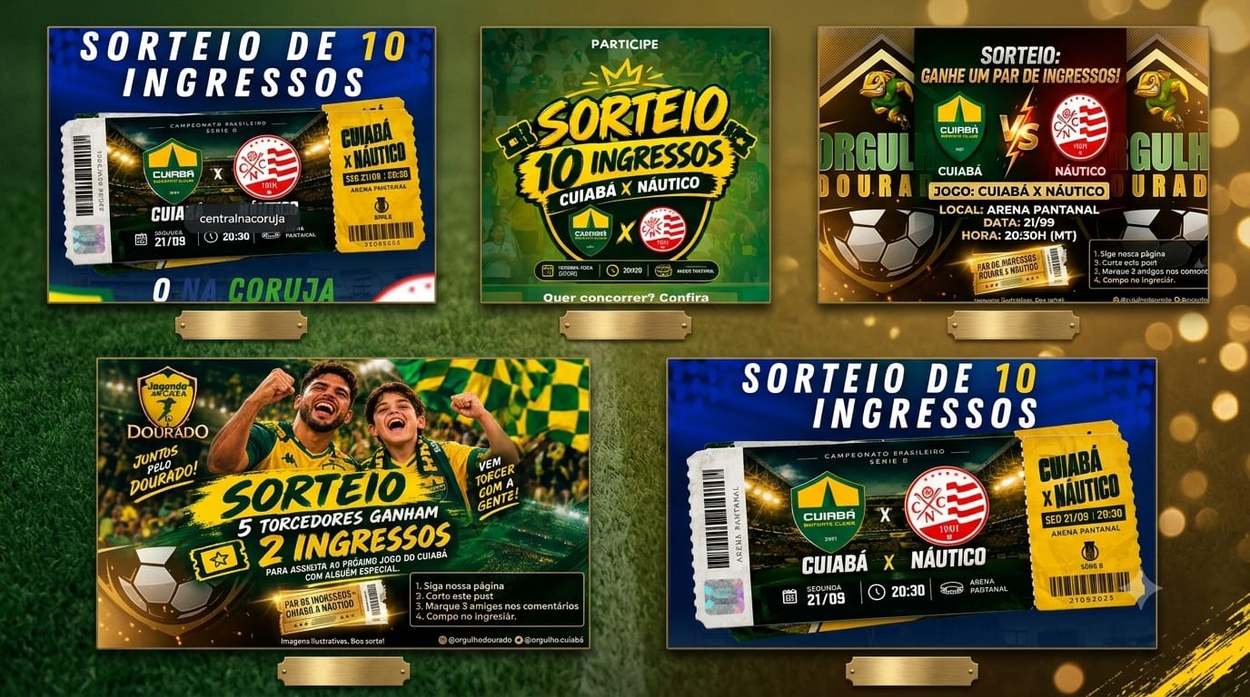 Composição horizontal com fundo de gramado e luzes douradas, exibindo cinco cartazes de sorteios de ingressos para o jogo Cuiabá x Náutico em duas fileiras, cada um com moldura e placa metálica.